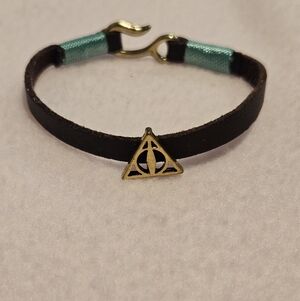 Deathly Hallows Gold Bracelet On Faux Dark Brown Leather Band Teal Threading
